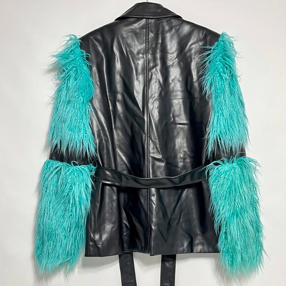 Orttu Freddie Jacket Military Style Faux Fur Black Vegan Faux Leather Aqua Belt - Picture 5 of 14